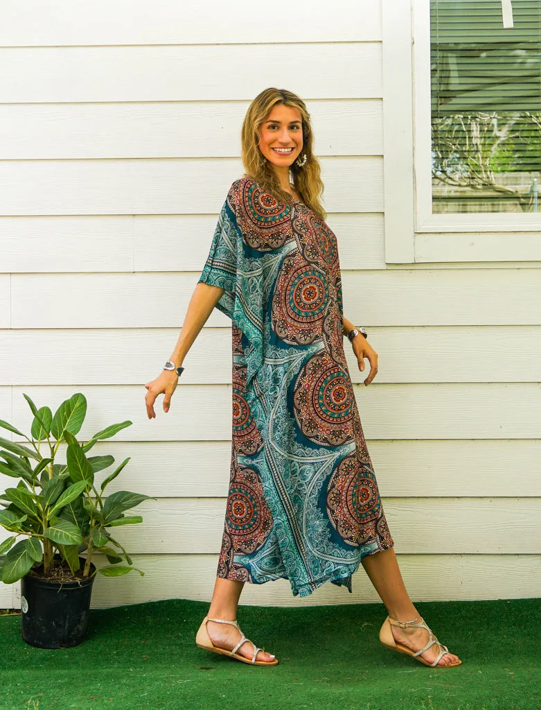 Earthy Mandala Kimono Kaftan Dress