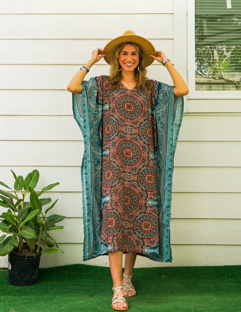 Earthy Mandala Kimono Kaftan Dress