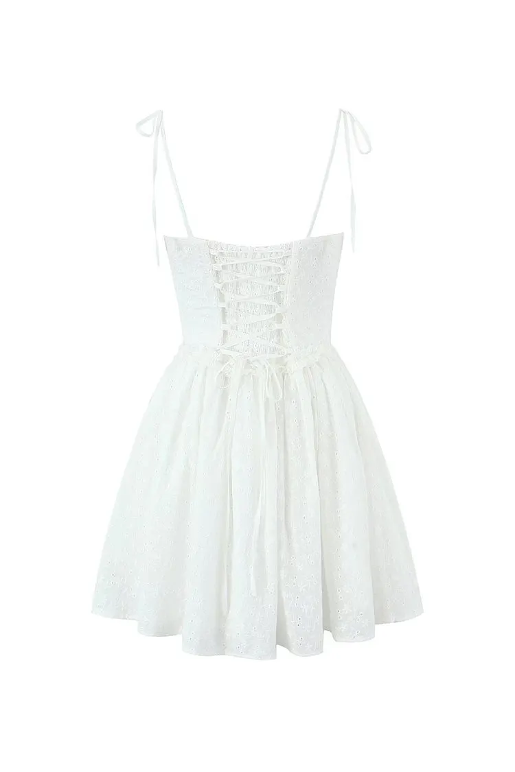 Flowy Tie Strap Lace Up Smocked Drop Waist Eyelet Corset Mini Sundress