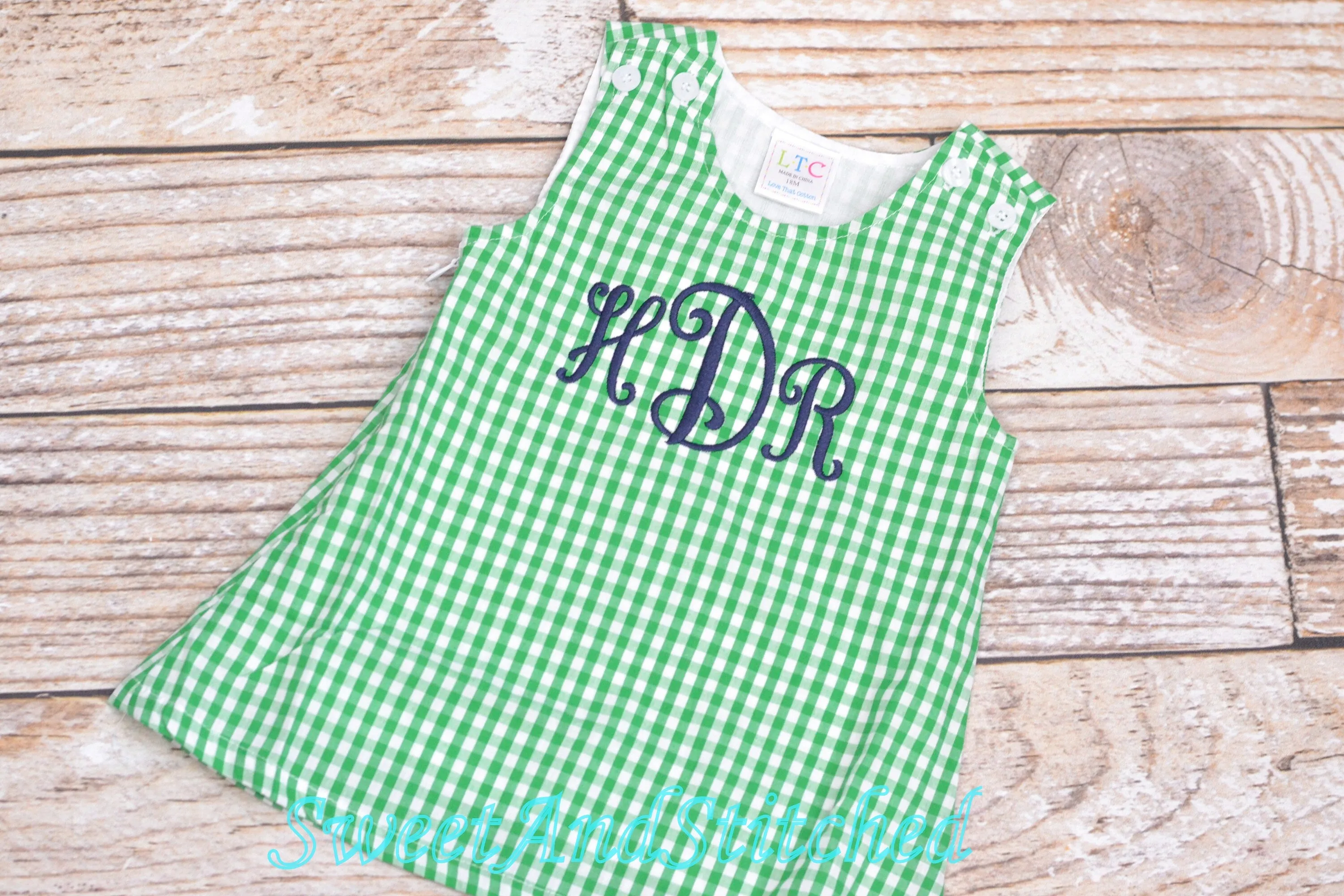 Girls monogrammed St. Patrick's day outfit, jumper style toddler Easter outfit, baby girl monogrammed green gingham jumper dress