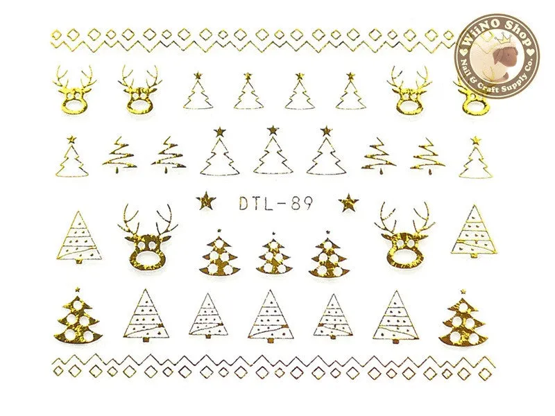 Gold Christmas Tree Reindeer Nail Art Sticker - 1 pc (DTL-89G)