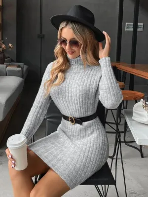 Grey Roll Neck Chunky Knit Mini Dress - Franceska