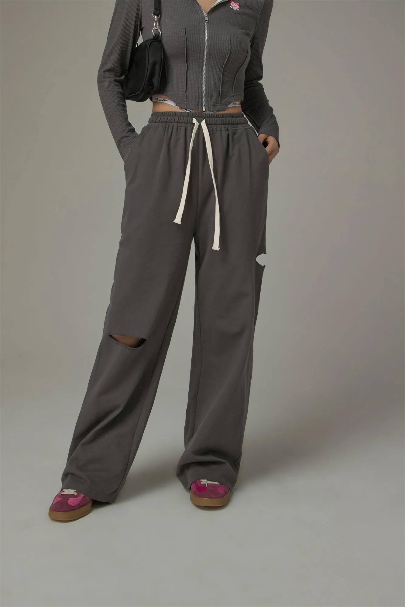 High Banding Straps Distressed Sweatpants