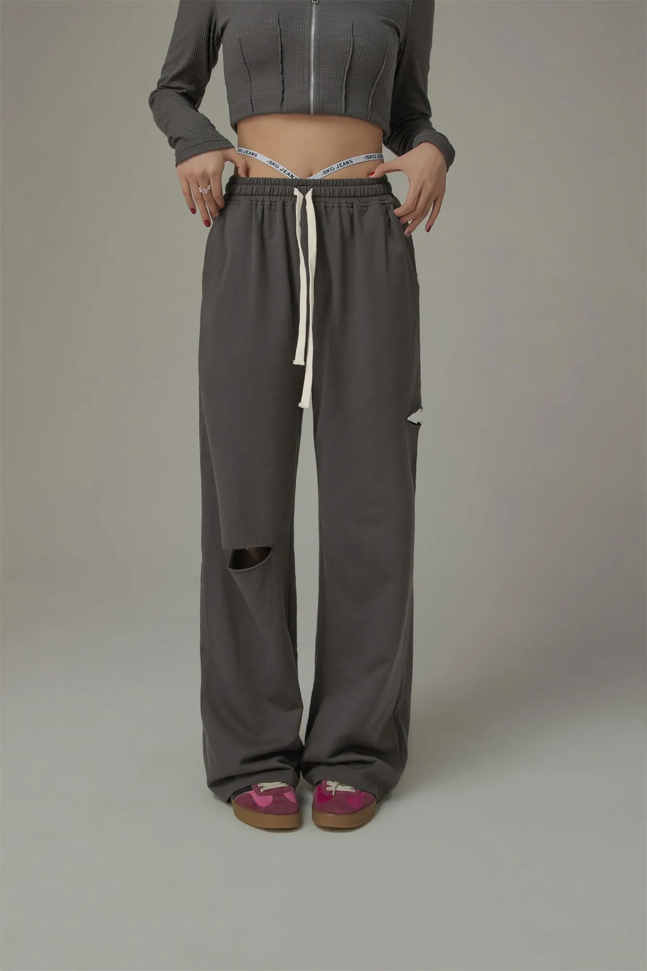 High Banding Straps Distressed Sweatpants