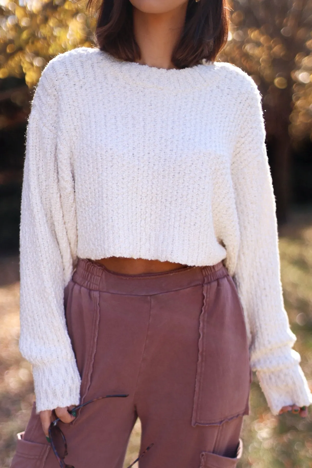 Ivory Popcorn Knit Cropped Sweater