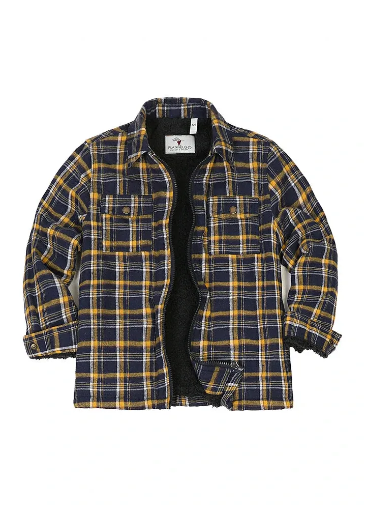 Kid's Sherpa Fleece Lined Zip Up Plaid Flannel Shirt Jacket