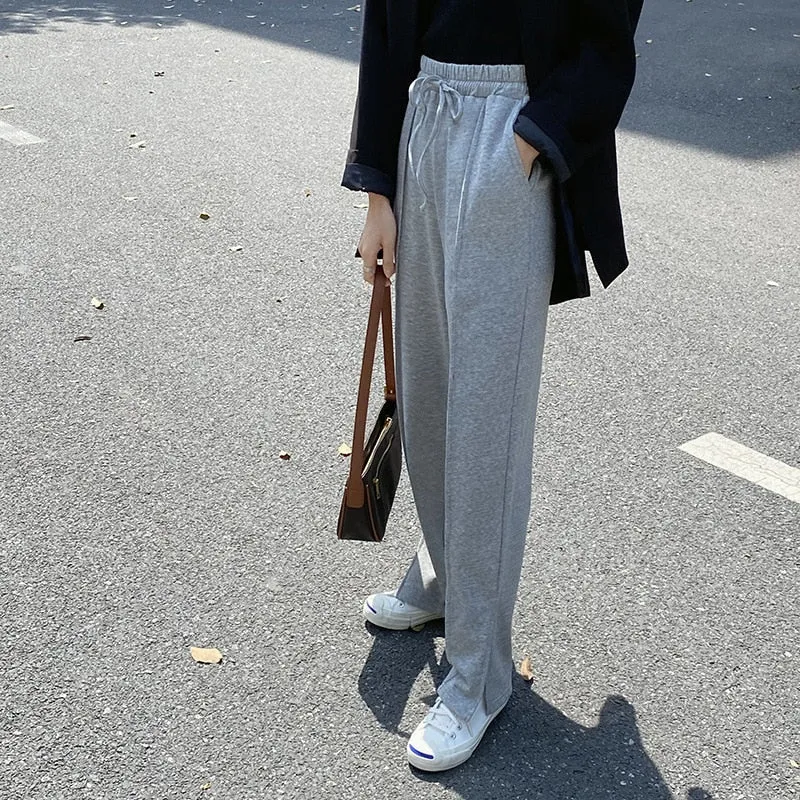 [Korean Style] Gray Black Full Length Drawstring Sweatpants w/ Slit