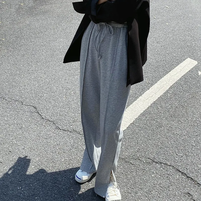 [Korean Style] Gray Black Full Length Drawstring Sweatpants w/ Slit