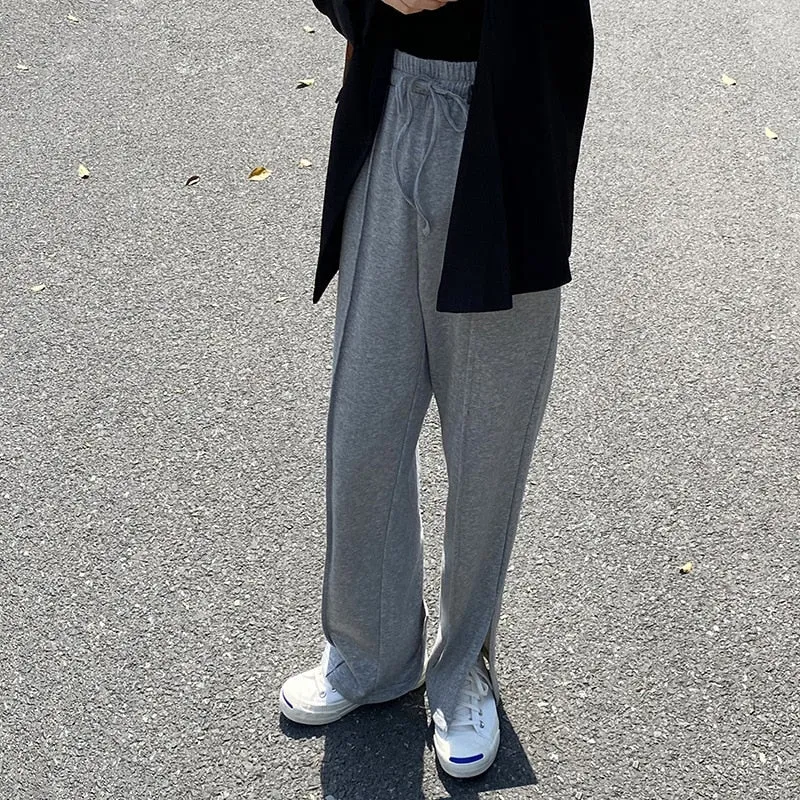 [Korean Style] Gray Black Full Length Drawstring Sweatpants w/ Slit