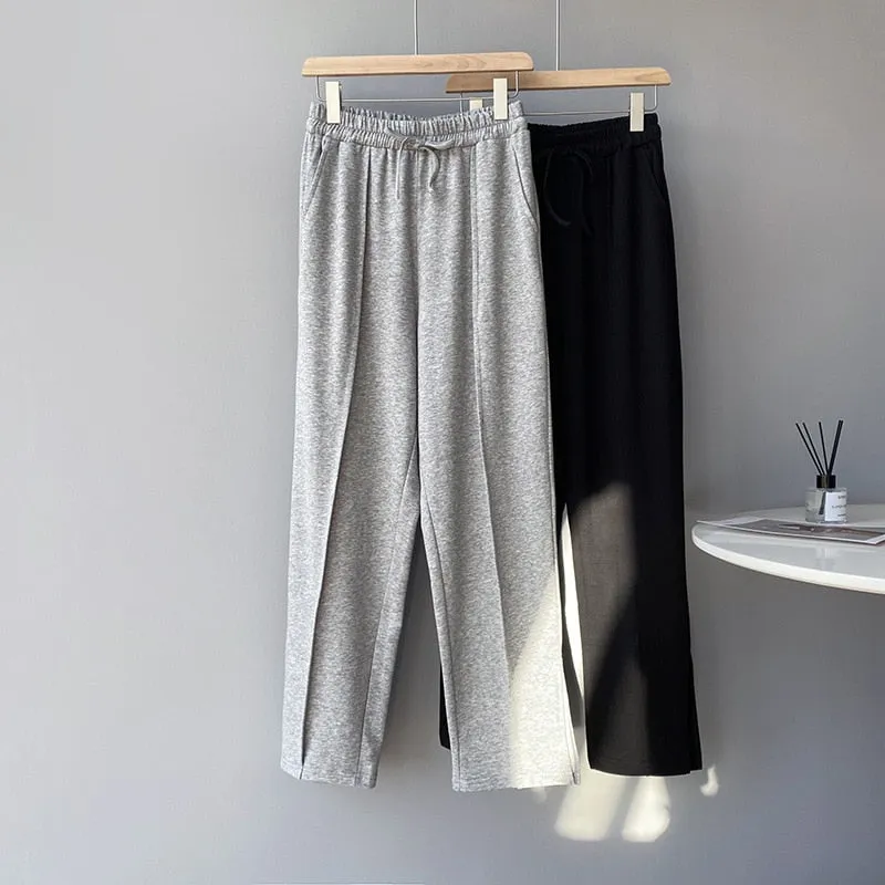 [Korean Style] Gray Black Full Length Drawstring Sweatpants w/ Slit