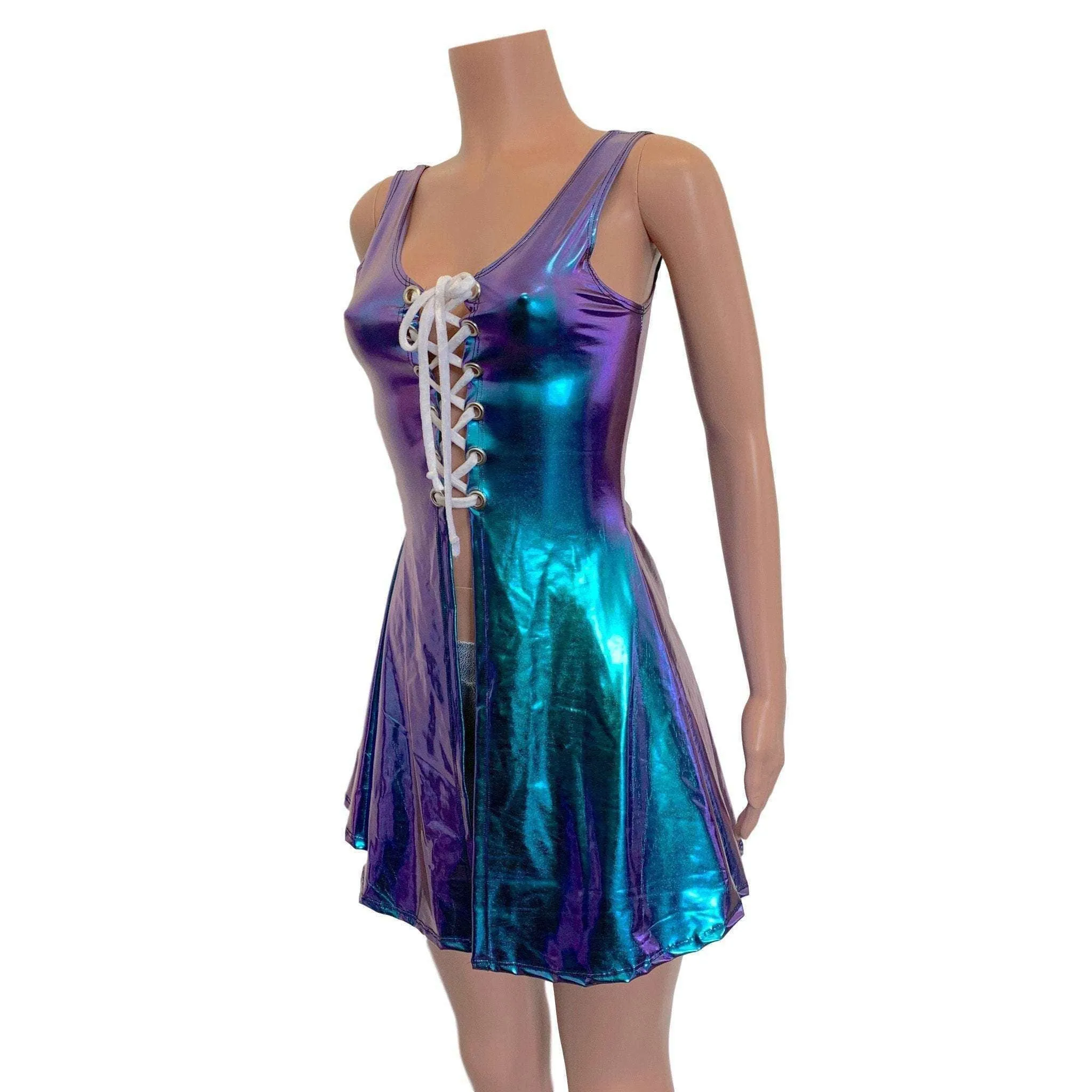 Lace-Up Open-Front Dress - Oil Slick Holographic