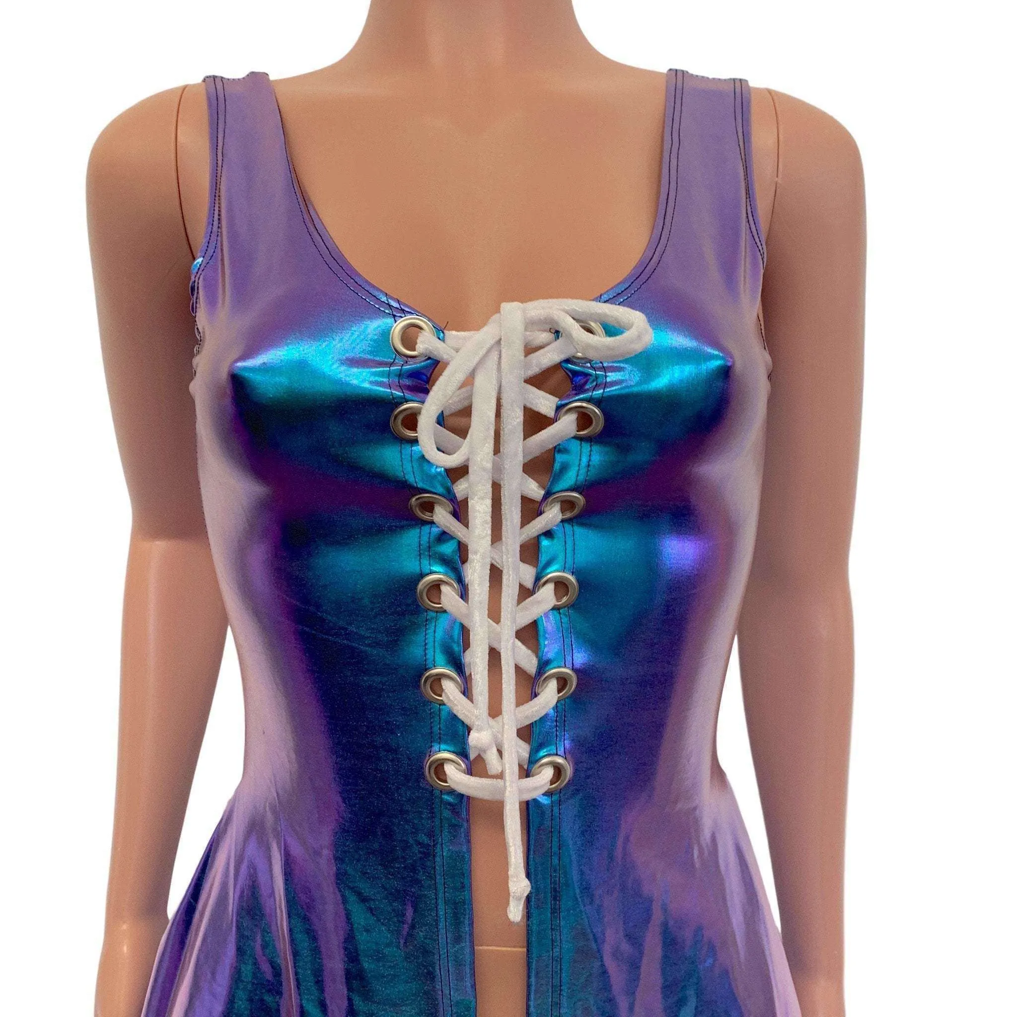 Lace-Up Open-Front Dress - Oil Slick Holographic