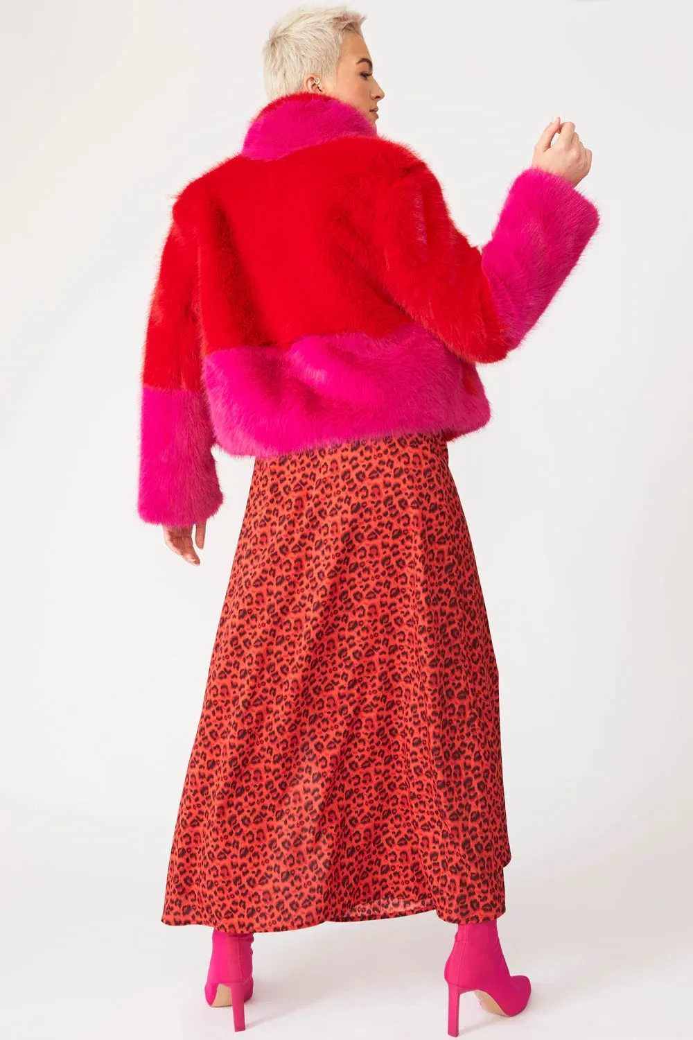 Ladies Red Pink Bamboo Faux Fur Double Cropped Coat