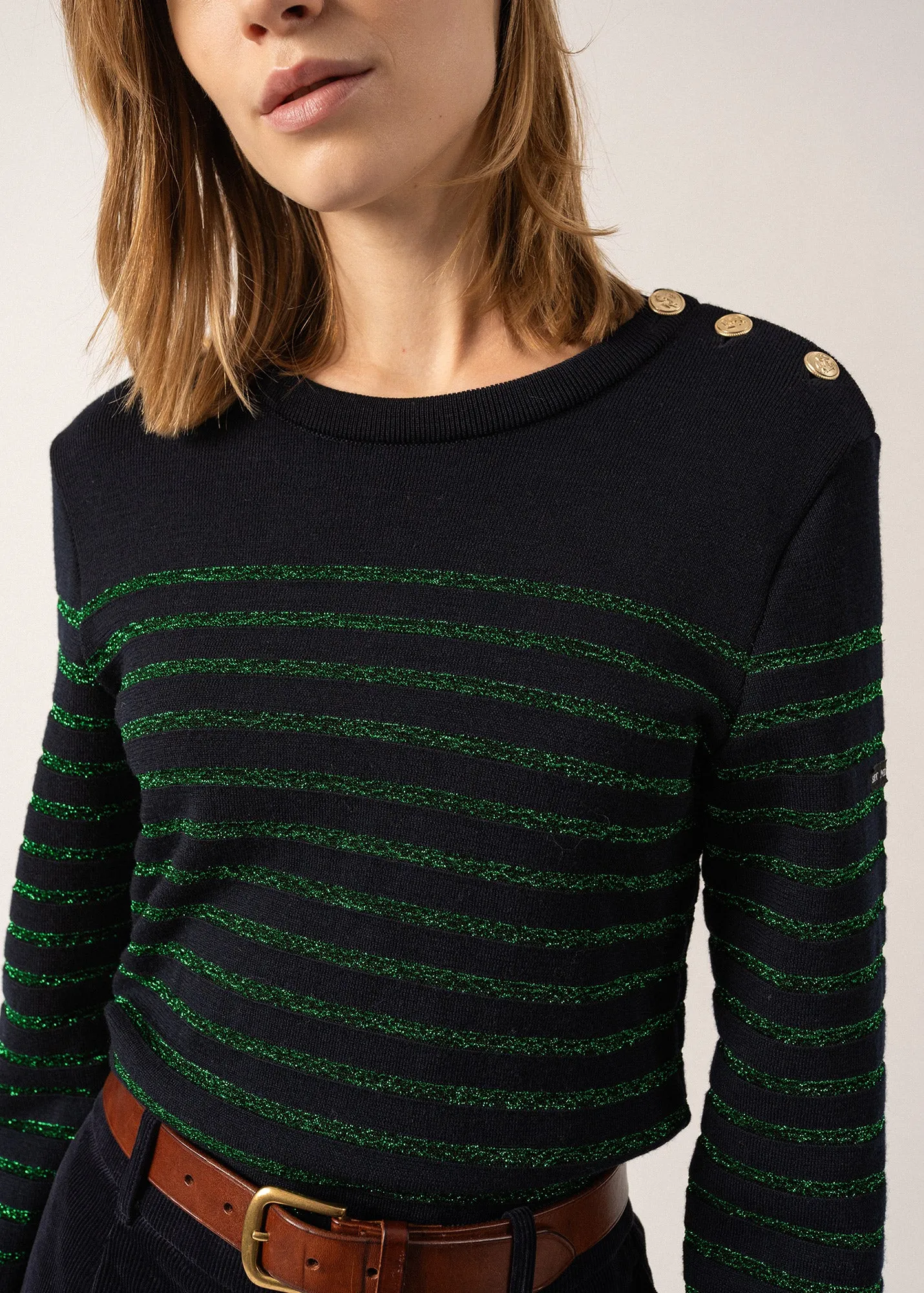 Marée II Lurex sailor jumper - with lurex striped, in soft wool (NAVY/VERT)