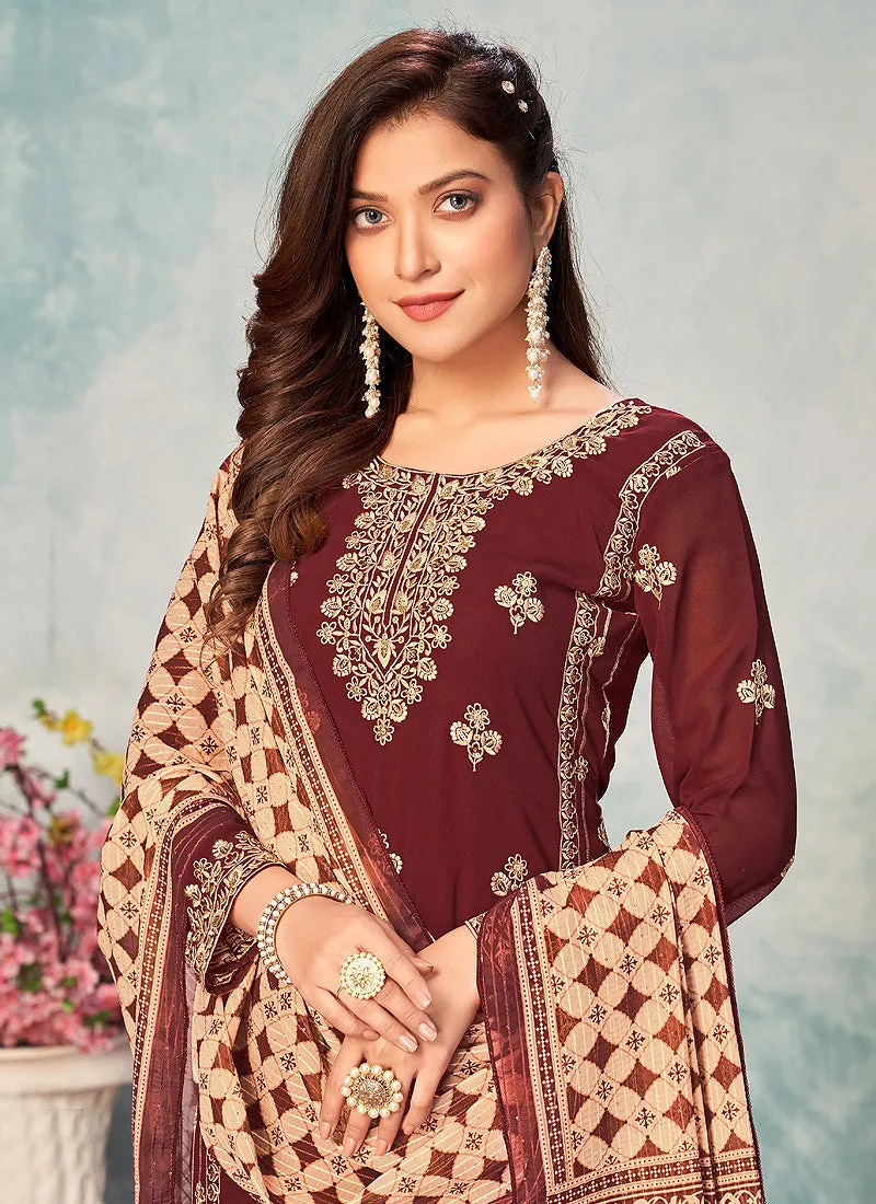 Maroon Georgette Pants Style Suit