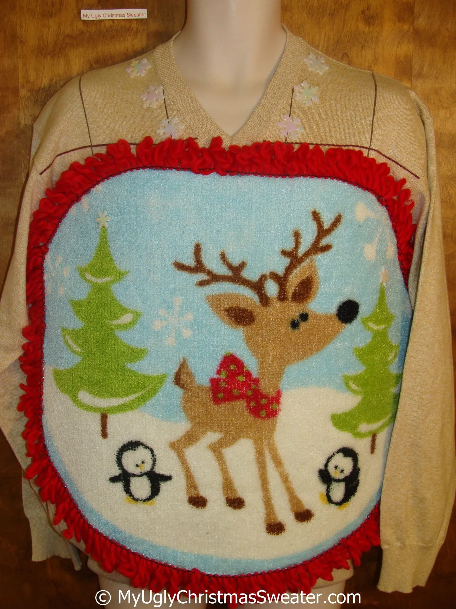 Mens Fluffy Reindeer Ugly Christmas Sweater with Over The Top Decorations