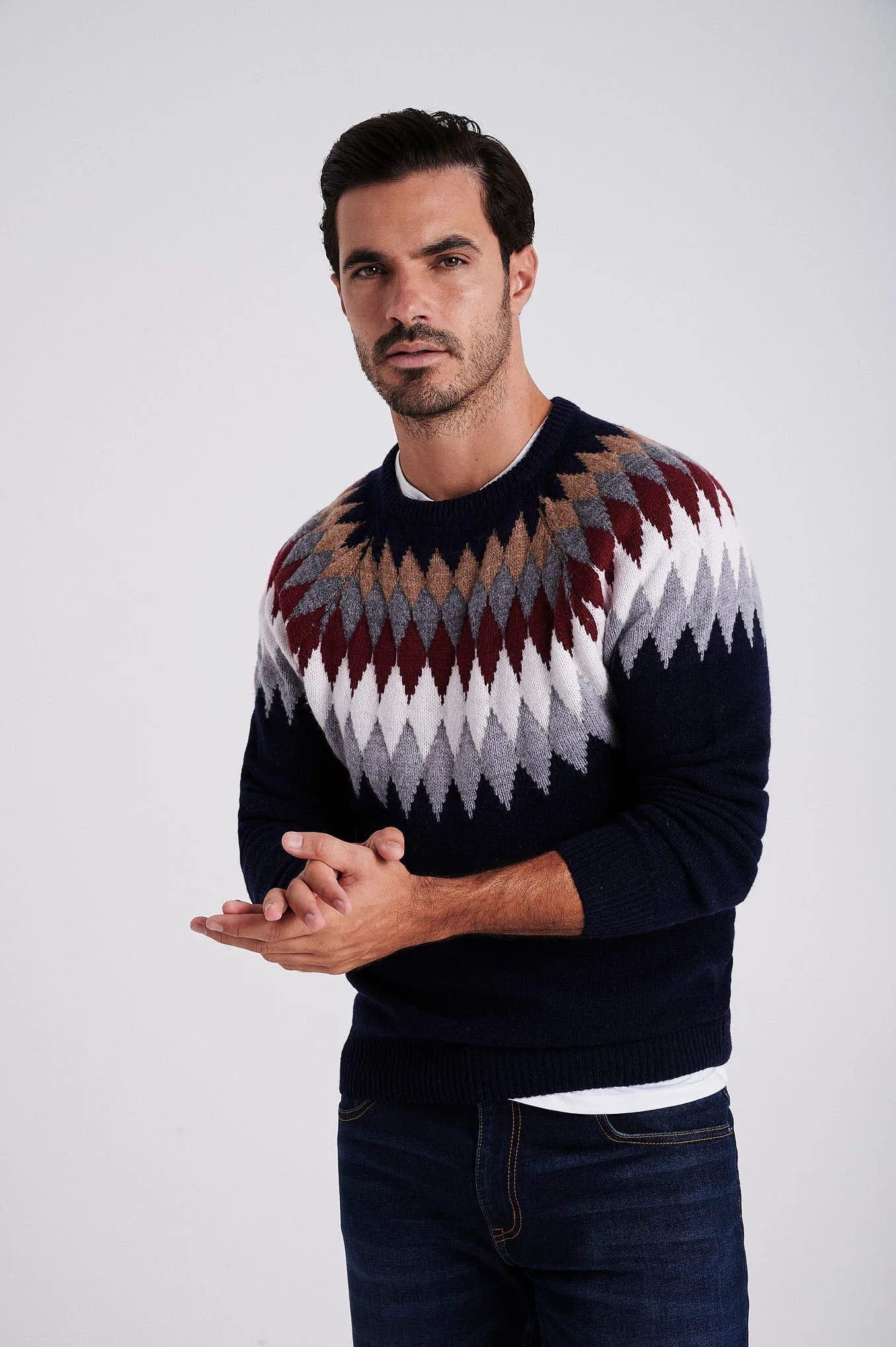 Men's long sleeve crew neck fair-isle sweater