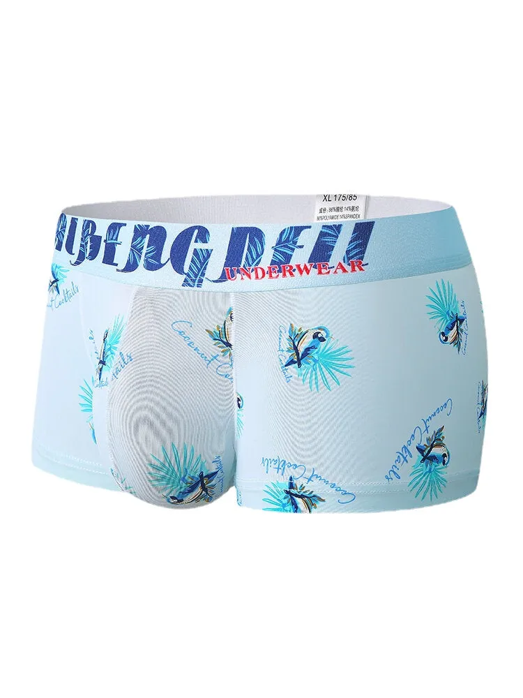 Mens Underwear Graffiti Print Faux Silk U Convex Boxers