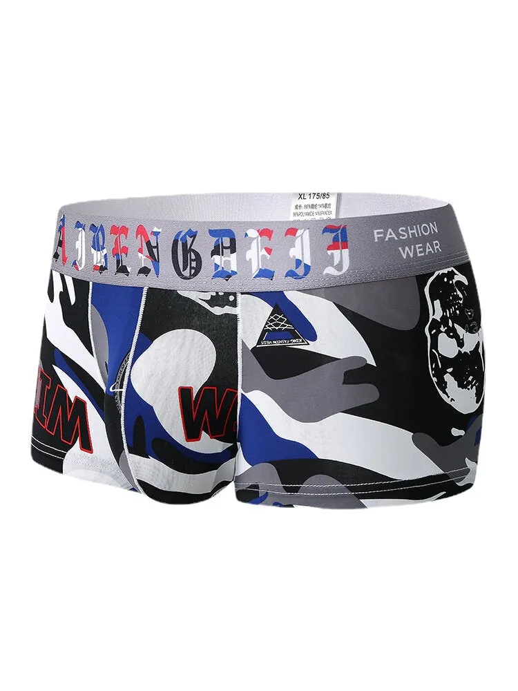 Mens Underwear Graffiti Print Faux Silk U Convex Boxers