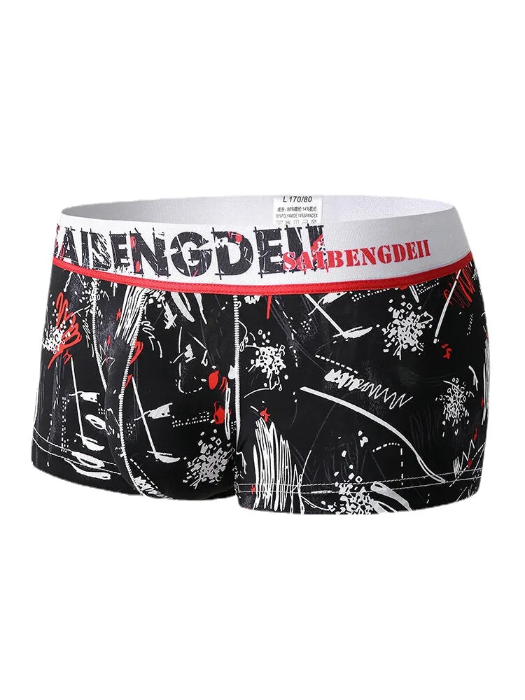 Mens Underwear Graffiti Print Faux Silk U Convex Boxers