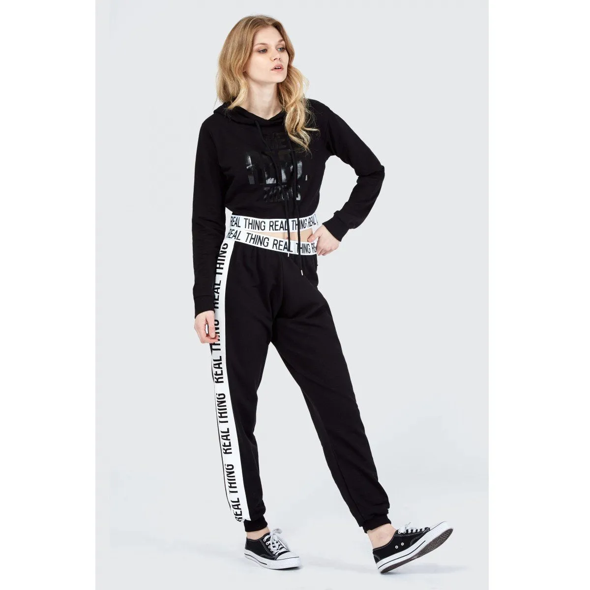 Mono black elastic hem cropped hoodie