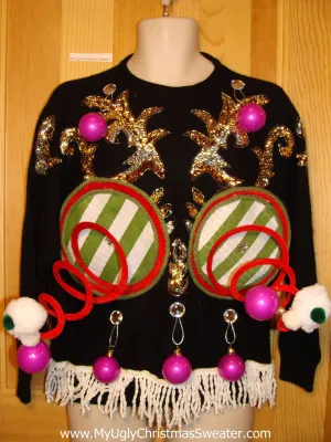 Naughty Tacky 3D Ugly Christmas Sweater Springy Funny 80s Bat-Arms Fringe (r2)