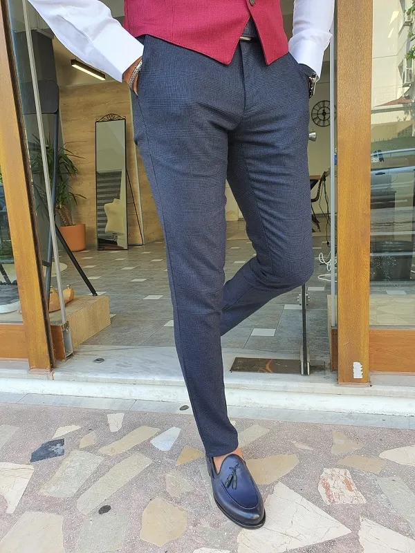 Navy Blue Slim Fit Plaid Cotton Pants for Men by GentWith.com