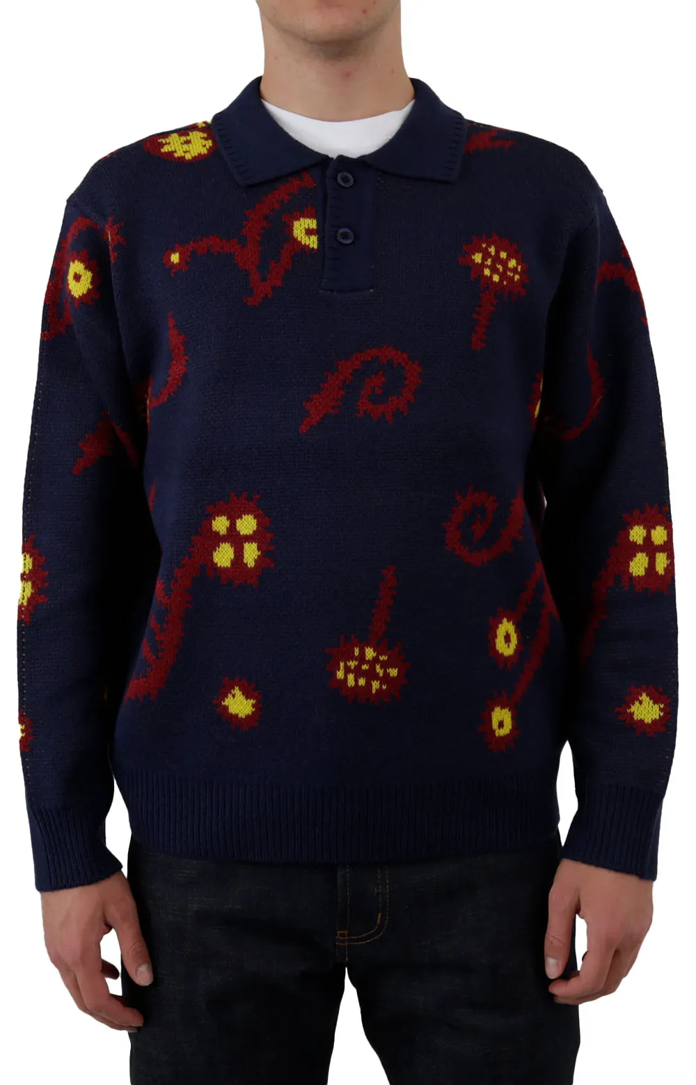 Navy Multi Intarsia Collared Sweater