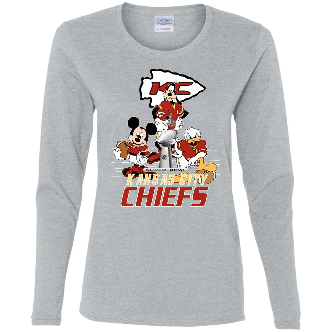 Nfl – Kansas City Chiefs Donald Duck Goofy Mickey Mouse Super Bowl 2019 Football Women Long Sleeve Shirt