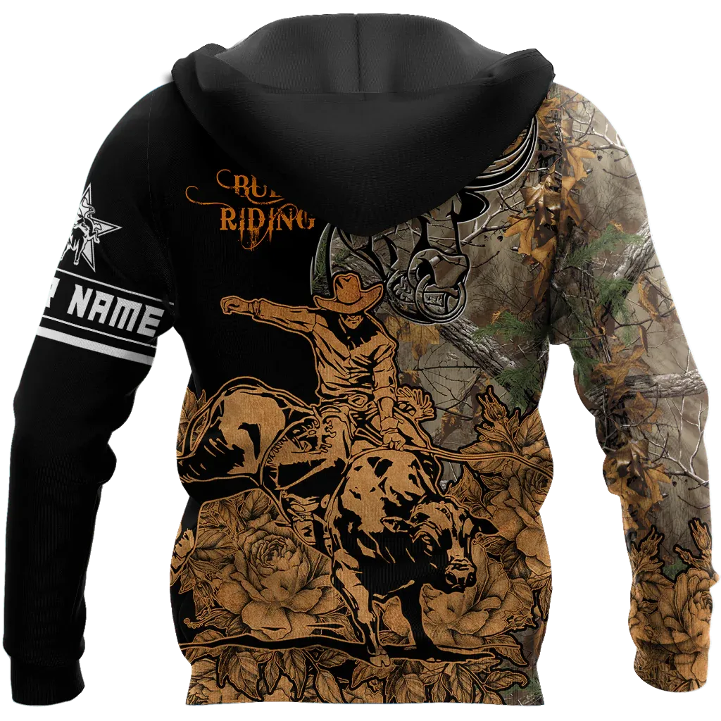 Personalized 3D Full Printed Bull Riding Hoodie Camo Pattern, Bull Riding Art On Hoodies