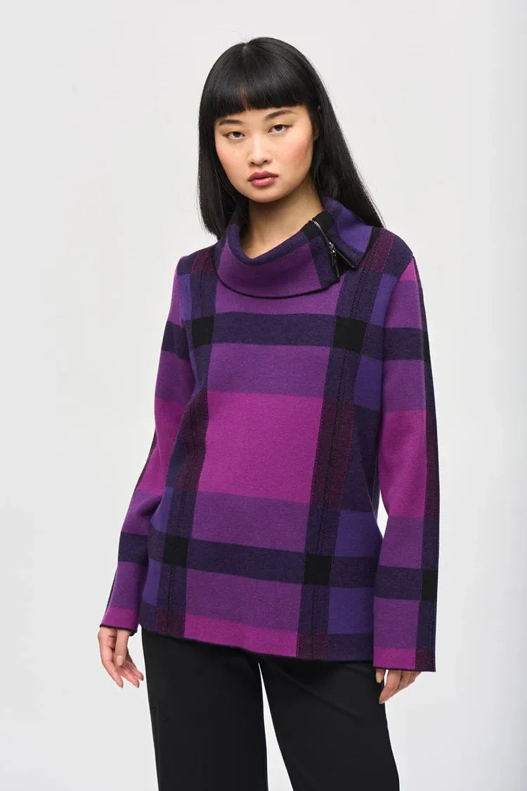 Purple Plaid Jacquard Cowl Neck Sweater by Joseph Ribkoff