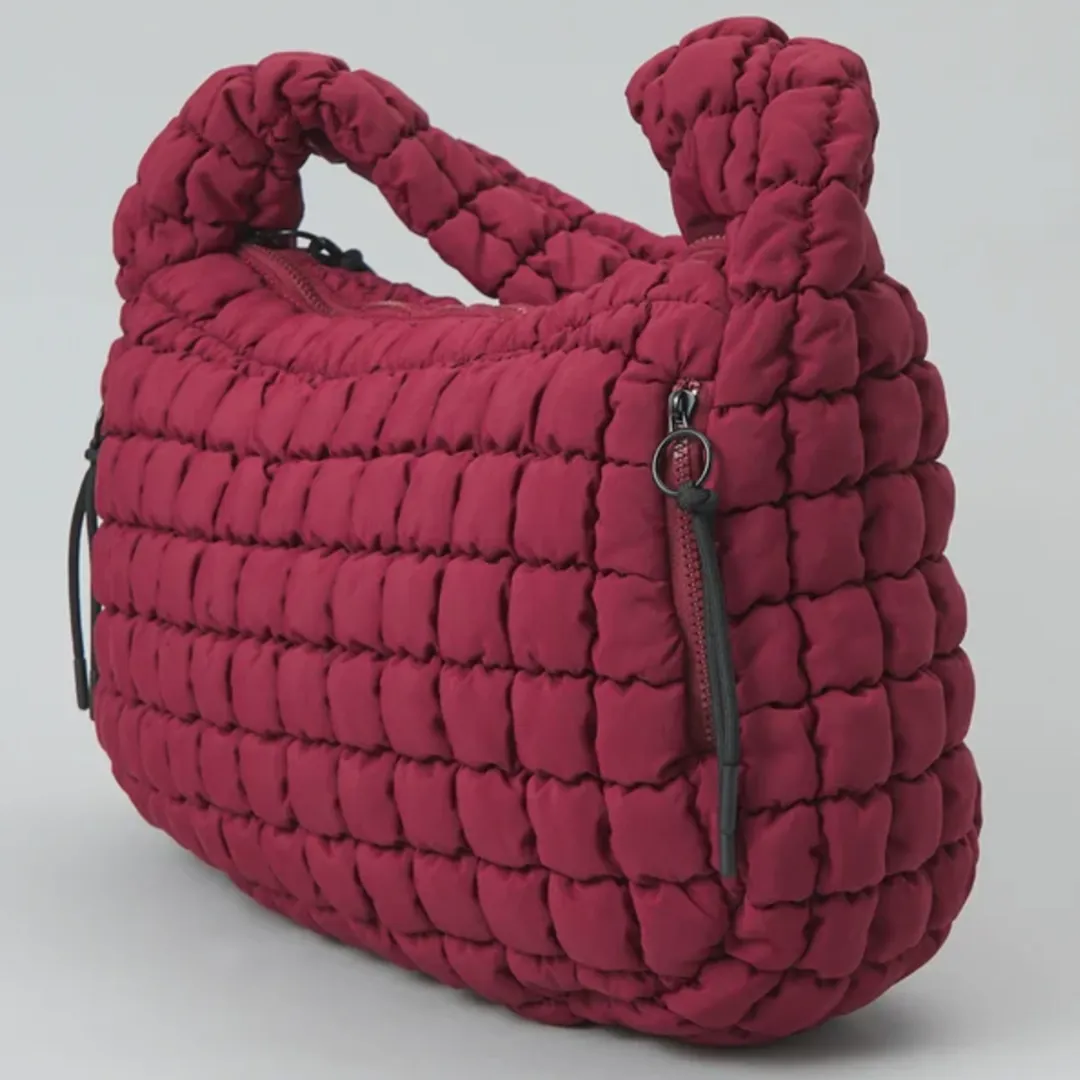 Quilted Puffer Carryall Tote - Dark Red