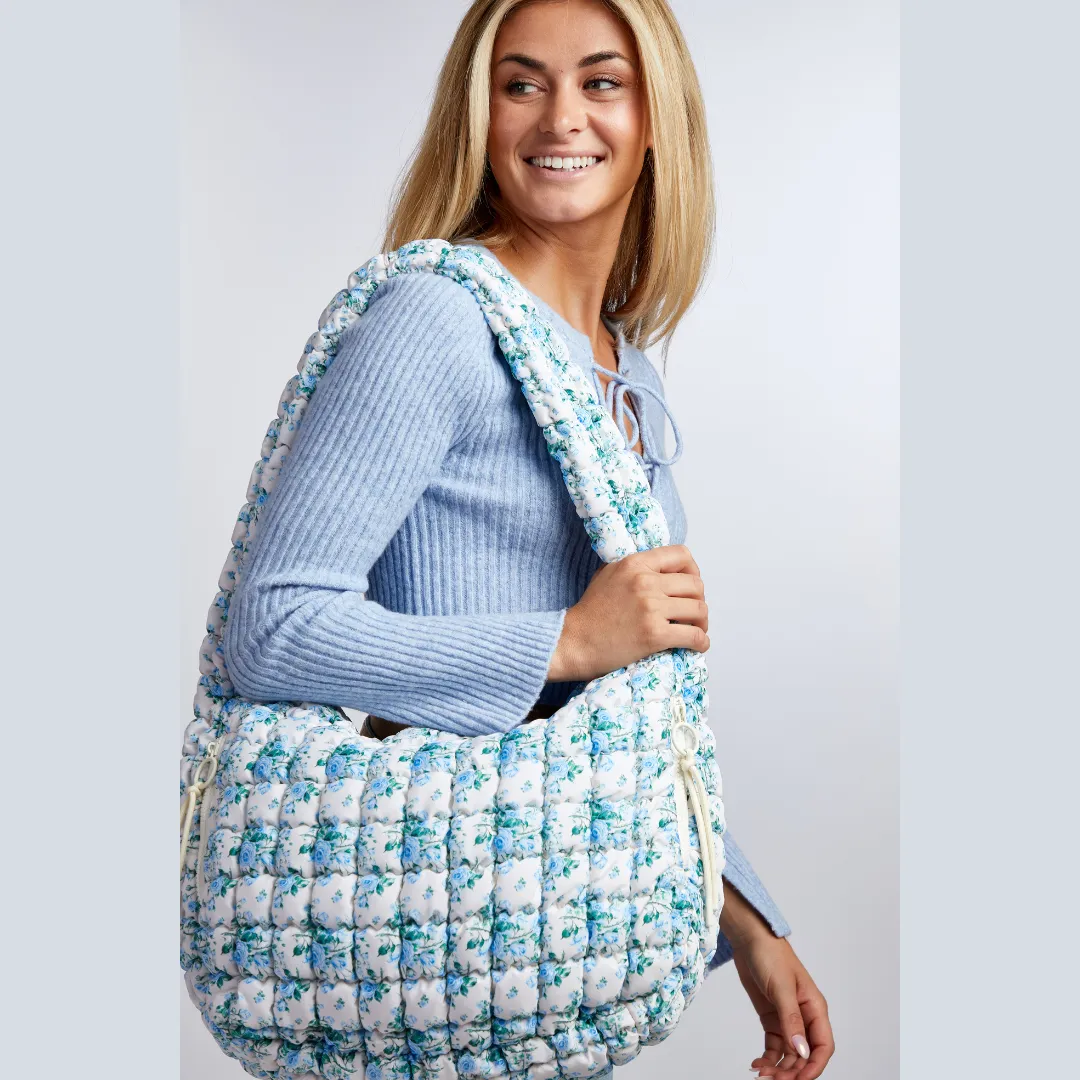 Quilted Puffer Carryall Tote - Ivory/Blue Floral