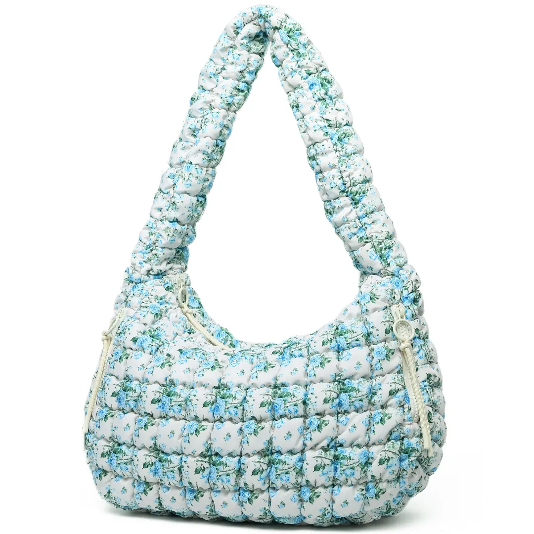 Quilted Puffer Carryall Tote - Ivory/Blue Floral