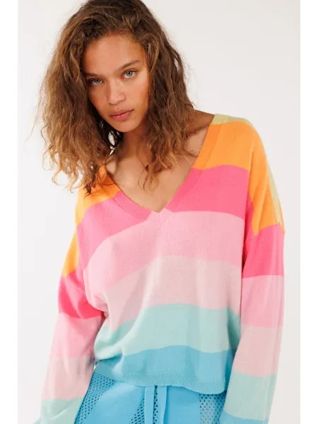 Rainbow V Neck Jumper in Banana