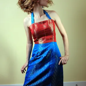 Red & Blue Halter Silk Brocade Bridesmaids Dress