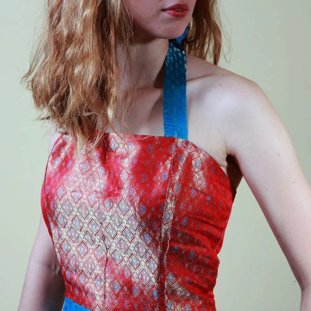 Red & Blue Halter Silk Brocade Bridesmaids Dress