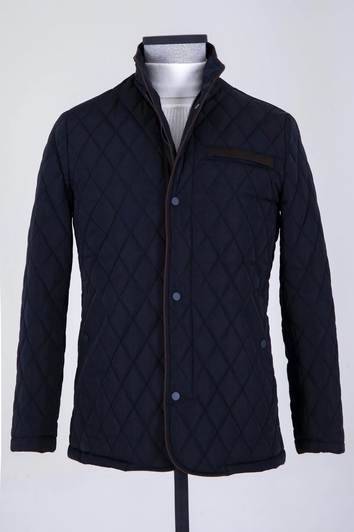 Regular Fit Quilted Nebraska Stand Collar Black Coat, Navy