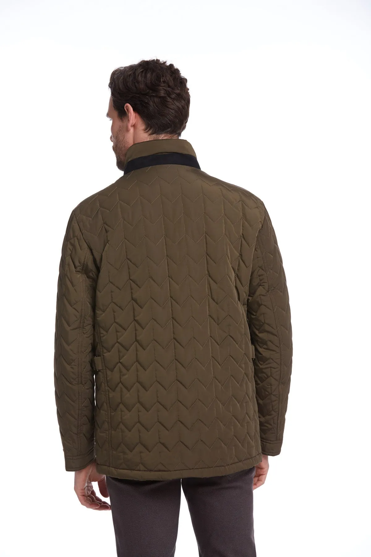 Regular Fit Quilted Stand Collar Navy Coat, Khaki