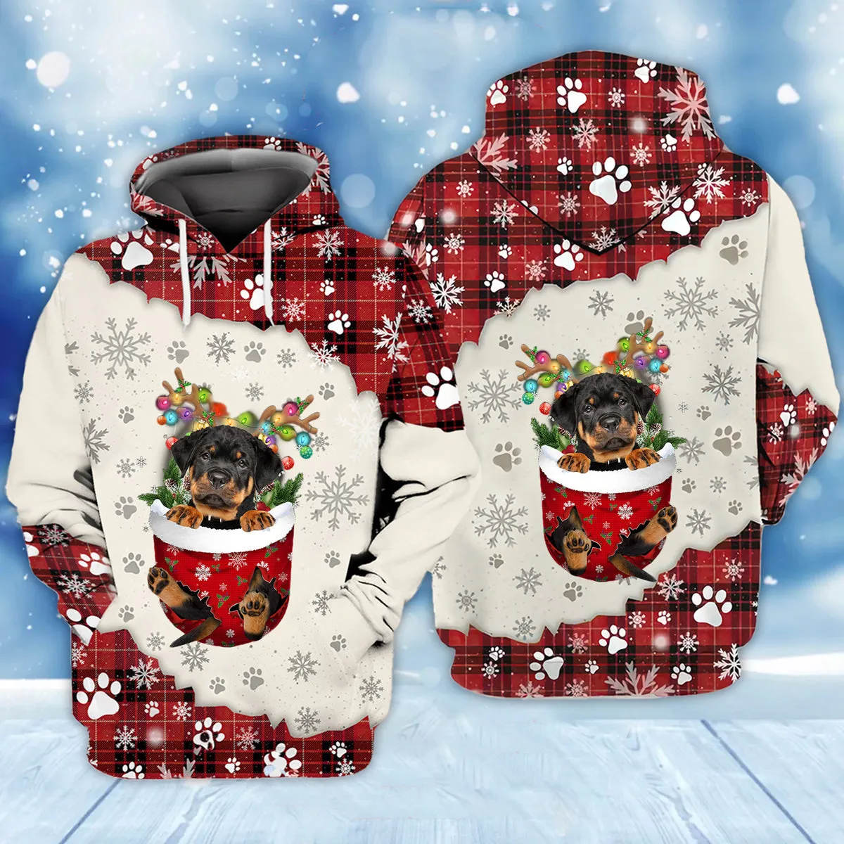 Rottweiler In Snow Pocket Merry Christmas Unisex Hoodie