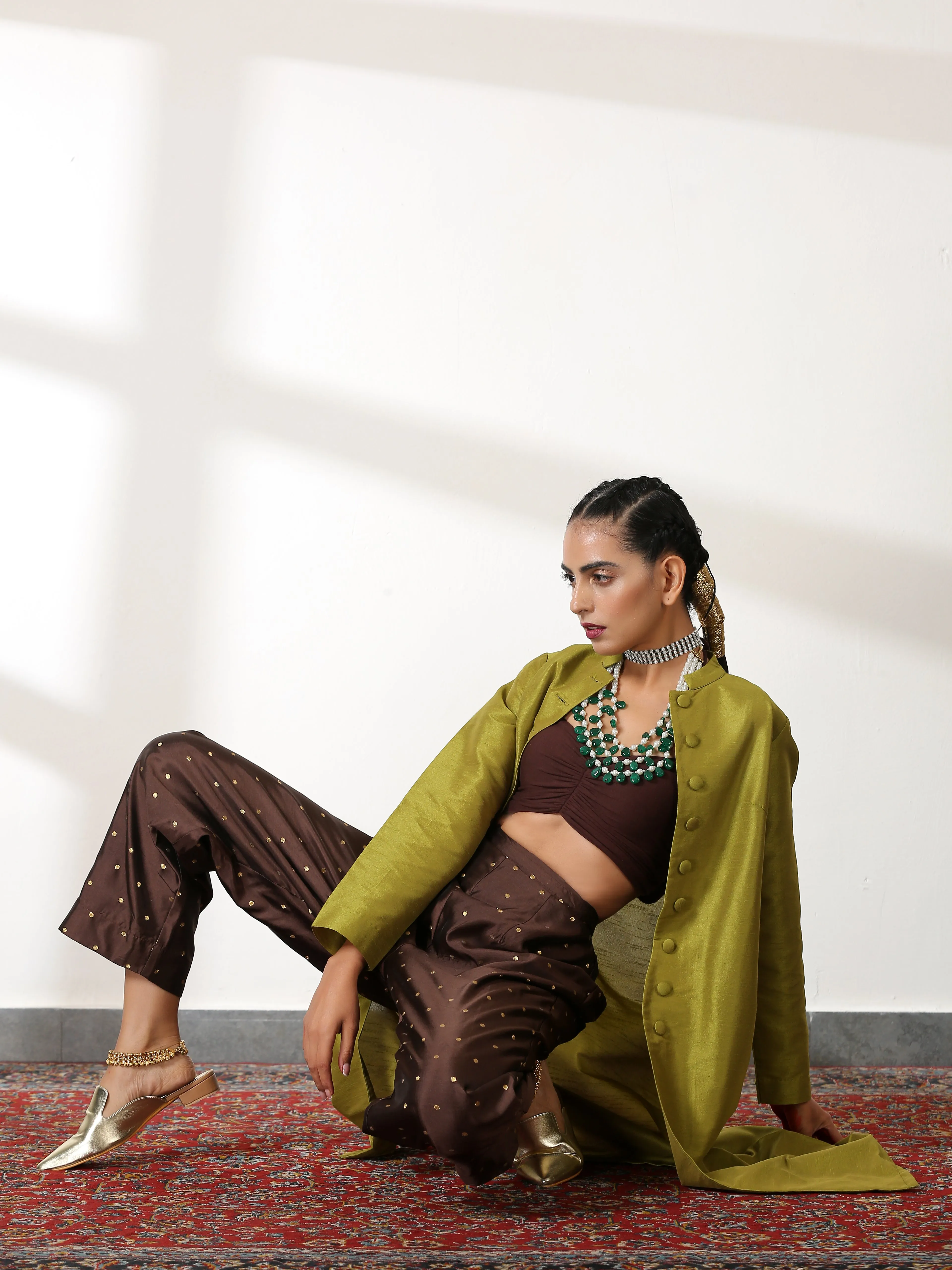 SET Henna Dupion Silk blend Jacket Top with Chocolate Brocade Pants - 3 PC