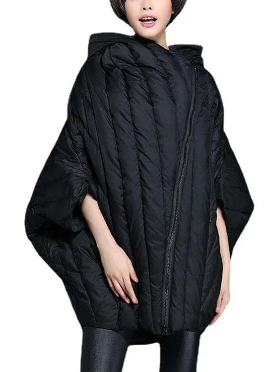 Simple Black Cloak Sleeves zippered Warm Winter Duck Down Coat