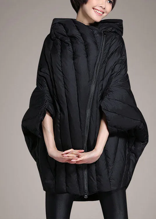 Simple Black Cloak Sleeves zippered Warm Winter Duck Down Coat