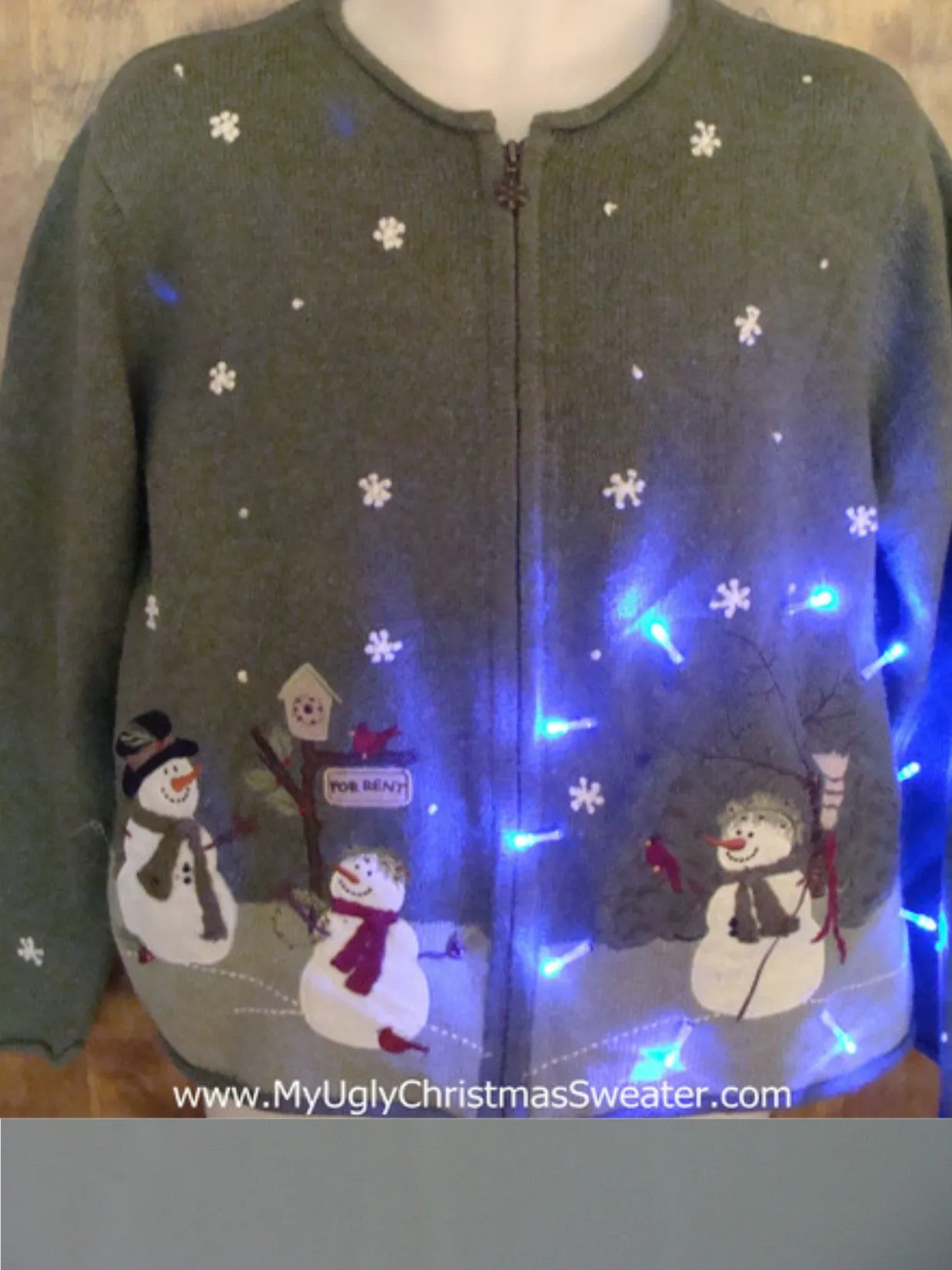 Snowman Themed Green Light Up Cheesy Christmas Sweater