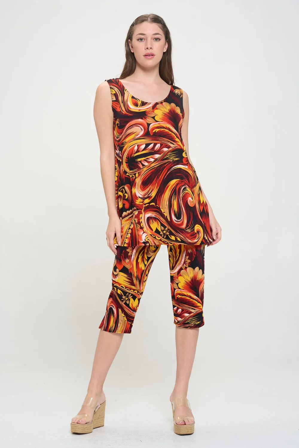 Stretchy Tank Capri Pant Set Print-9002BN-TRP1-W435