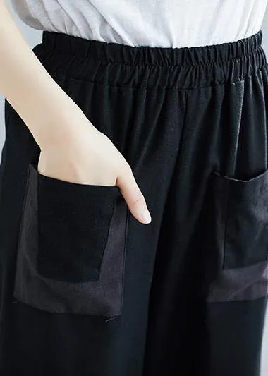 summer new black blended cotton pants elastic women casual crop pants