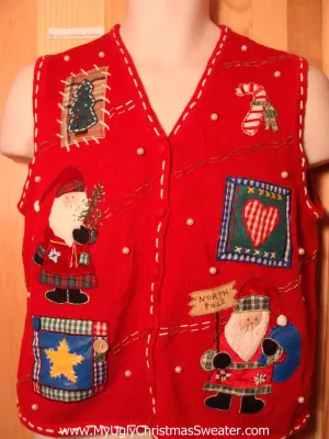 Tacky Ugly Christmas Sweater Vest with Crafty Santas and Hearts (f276)