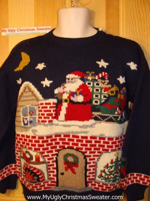 Tacky Ugly Christmas Sweater Vintage 80s Classic Santa on the Rooftop (f84)