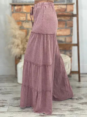 Tiered Washed Wide Leg Pants in Mauve