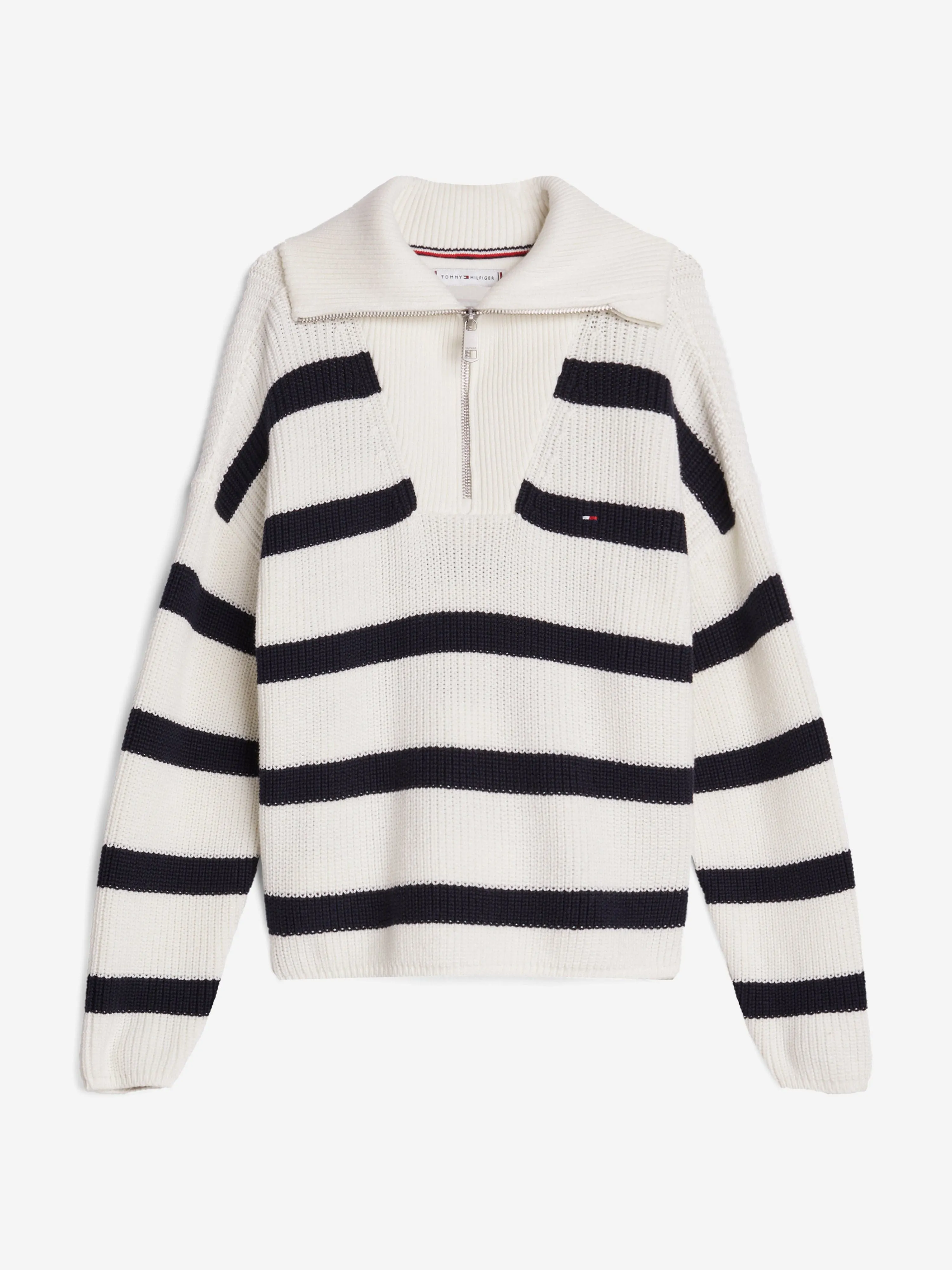 Tommy Hilfiger Girls Striped Half Zip Jumper in Ivory